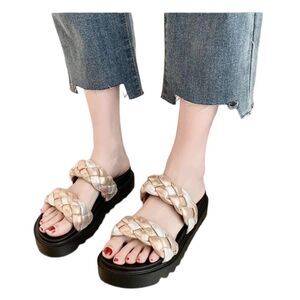 Womens Platform Sandals Slip On Braided Chunky metallic
